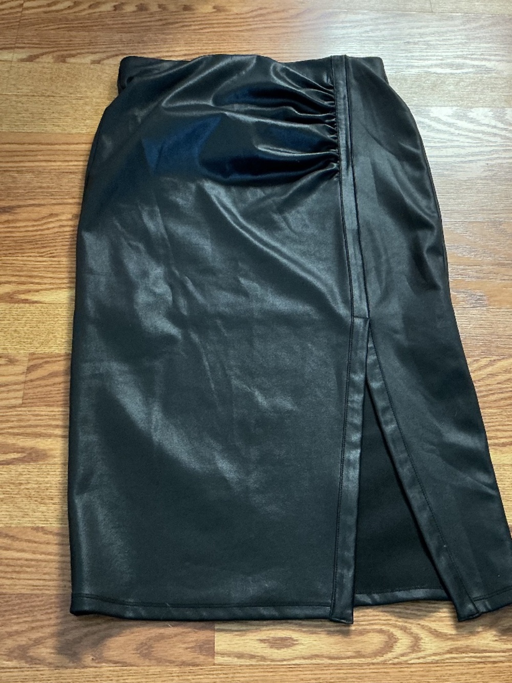 DKNY Black Leather Look Elastic Waist Side Ruched Midi Skirt Size S